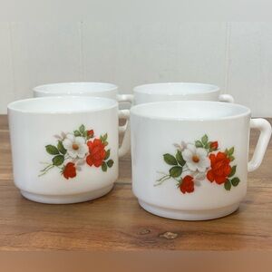 Vintage Floral Arcopal France Milk Glass Stackable Mugs Cottagecore Set of 4